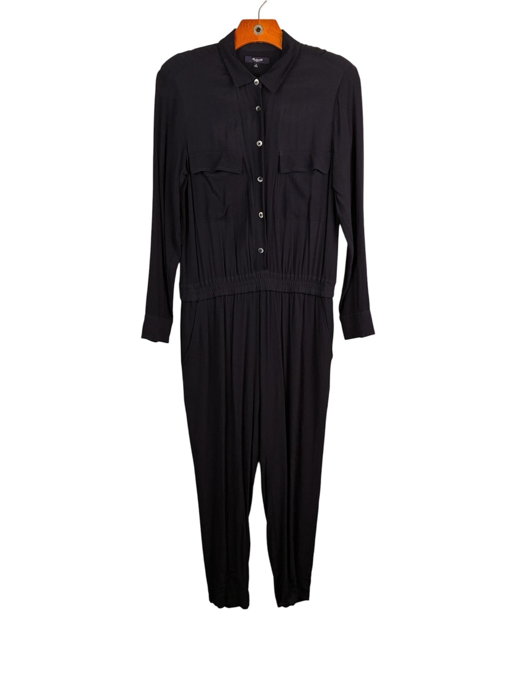 Madewell Navy Long-Sleeve Button-Front Pull-on Jumpsuit Viscose Size Small